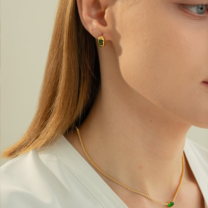 Emerald Rectangle Necklace & Huggies Set