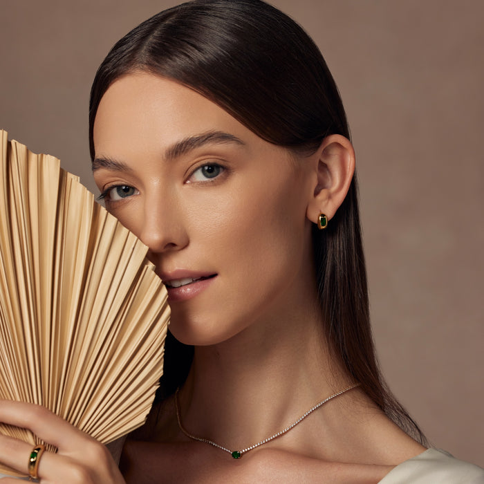 Emerald Rectangle Necklace, Ring & Huggies Set