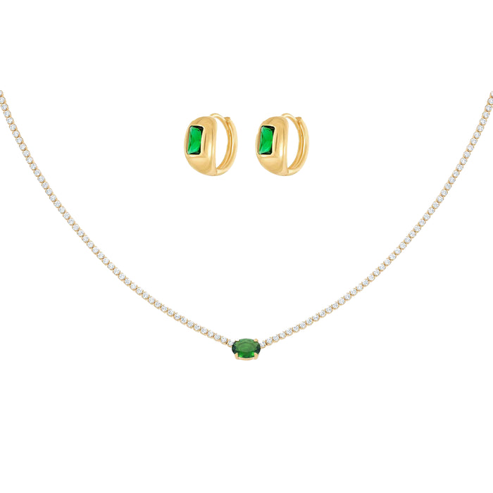 Emerald Rectangle Necklace & Huggies Set